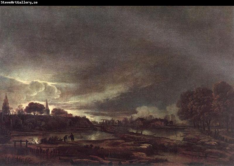 Aert van der Neer Small Town at Dusk